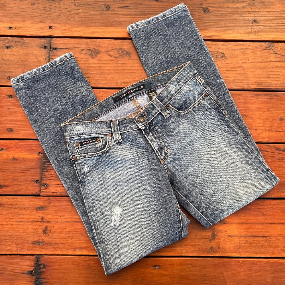 DKNY Jeans Distressed Acid Wash Straight Leg Denim Jeans